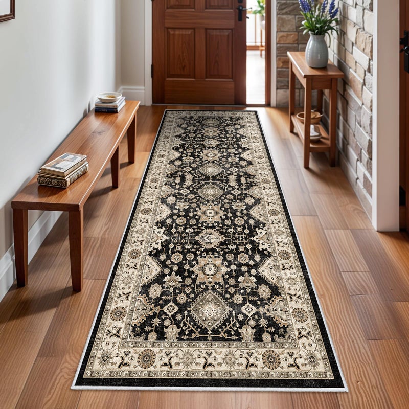 Washable Hallway Runner Rug 3x8 Non Slip Runner Rugs with Rubber Backing Soft Kitchen Rug Farmhouse Distressed Carpet Runner for Living Room Bedroom Bathroom Black 3X8