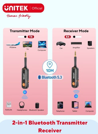 UNITEK 2-in-1 Bluetooth 5.3 Transmitter & Receiver, Low Latency, 10m Range, Works While Charging, Wireless Audio Adapter for TV, In-Flight Entertainment, Speakers & Headphones - pzsku/Z150EDE97E66700247B67Z/45/1750148483/4aa0191d-a8f4-467b-afea-9a4c1aea515e