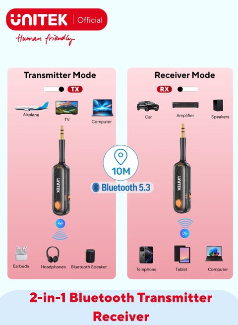 UNITEK 2-in-1 Bluetooth 5.3 Transmitter & Receiver, Low Latency, 10m Range, Works While Charging, Wireless Audio Adapter for TV, In-Flight Entertainment, Speakers & Headphones