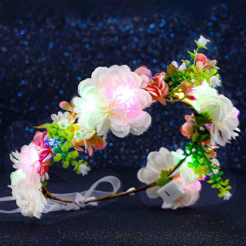 Foyte Flower Headbands Light up Floral Hair Wreath LED Flower Headband Crown Boho Glowing Headpiece for Women