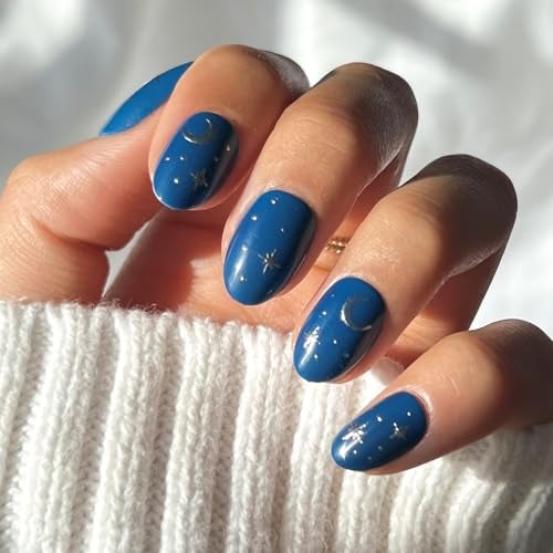 Glamnetic Harry Potterâ„¢ x Glamnetic Press On Nails - Luna Lovegoodâ„¢ | Blue Moon & Star Celestial 3D Graphic Short Oval Fake Nails in a Glossy Finish | 15 Sizes - 30 Nail Kit with Glue - Image 1