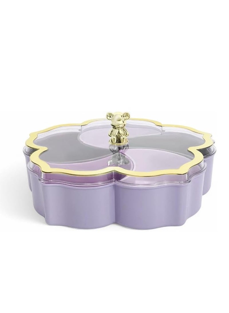 Plan A - Flower Design Serving Plate, Divided 5 Compartments with Clear Lid with Gold Frame.Ideal for Serving Desserts, Nuts, and Treats Add a Sophisticated Touch to Your Hospitality (Purple with Gold Frame) - Image 1
