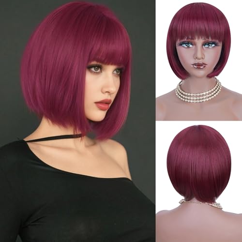Creamily 10 Inch Short Bob Wig with Bangs,Wine Red Hair Wigs for Women Full Head,Straight Bob Cut Wigs for Women Hair Wig for Daily Party - Image 1