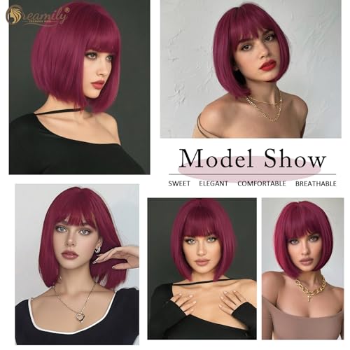 Creamily 10 Inch Short Bob Wig with Bangs,Wine Red Hair Wigs for Women Full Head,Straight Bob Cut Wigs for Women Hair Wig for Daily Party - Image 2