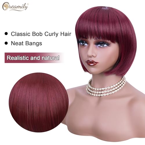 Creamily 10 Inch Short Bob Wig with Bangs,Wine Red Hair Wigs for Women Full Head,Straight Bob Cut Wigs for Women Hair Wig for Daily Party - Image 5