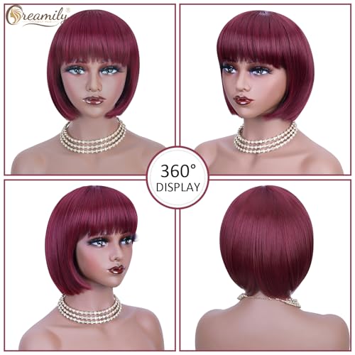 Creamily 10 Inch Short Bob Wig with Bangs,Wine Red Hair Wigs for Women Full Head,Straight Bob Cut Wigs for Women Hair Wig for Daily Party - Image 3