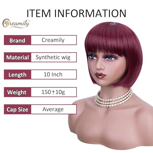 Creamily 10 Inch Short Bob Wig with Bangs,Wine Red Hair Wigs for Women Full Head,Straight Bob Cut Wigs for Women Hair Wig for Daily Party - Image 4
