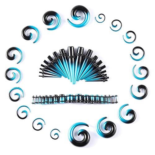 Memsion Ear Gauges Kit - 54 Pieces, 14G-00G Acrylic Ear Expander Set with Spiral Tapers and Plugs, Blue & Black - Image 1