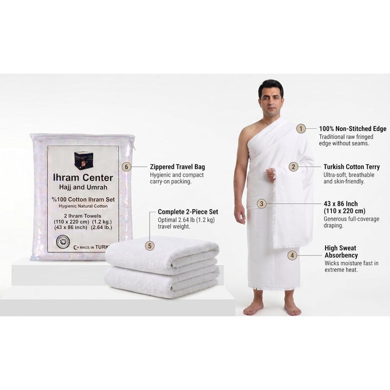 Ihram Ehram Ahram for Men for Hajj and Umrah - 2 Towels - Hygienic Natural 100 Cotton Towels 110 x 220cm - Image 5