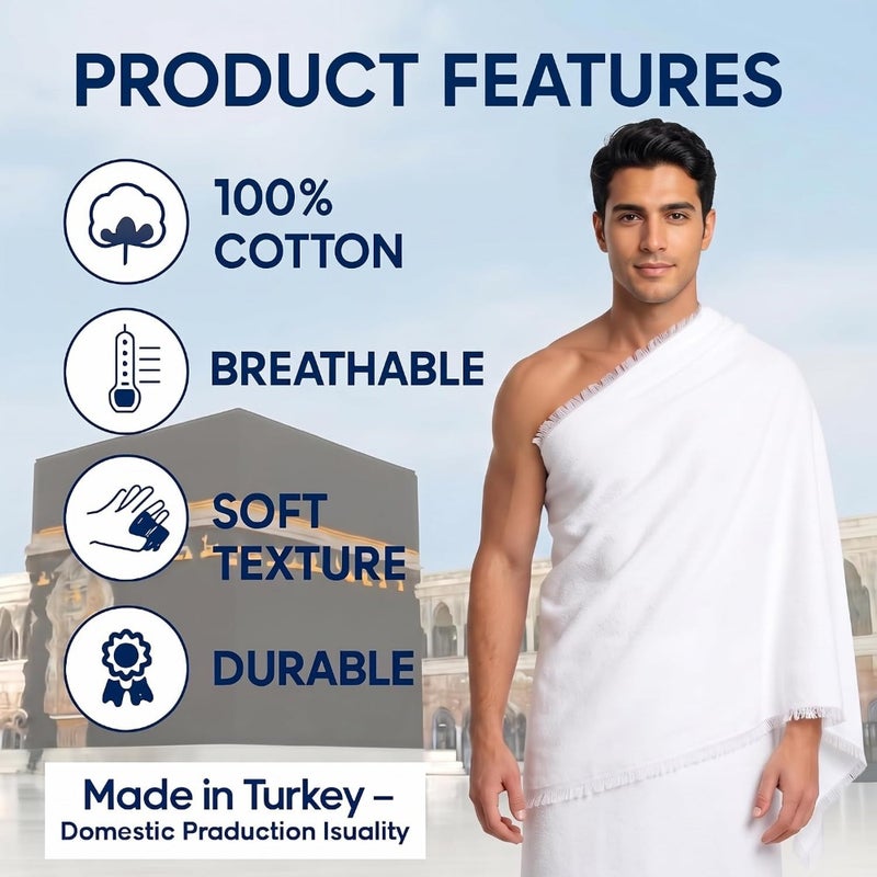 Ihram Ehram Ahram for Men for Hajj and Umrah - 2 Towels - Hygienic Natural 100 Cotton Towels 110 x 220cm - Image 2