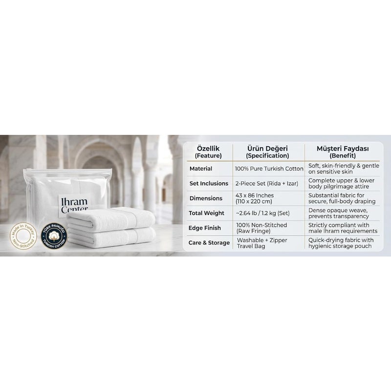 Ihram Ehram Ahram for Men for Hajj and Umrah - 2 Towels - Hygienic Natural 100 Cotton Towels 110 x 220cm - Image 4