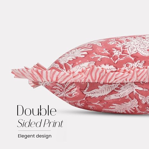 CPC COTTON PRINT CLUB CPC Hand Block Print Pink Coral Ruffle Sham Pillow Cover 20 x 12 inch Hidden Zipper Decorative Pillowcase for Couch Bed Sofa Farmhouse Cottagecore Decor Gift Spring Mothers Day - Image 3