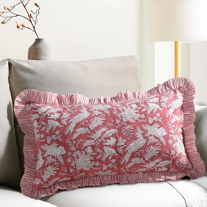 CPC COTTON PRINT CLUB CPC Hand Block Print Pink Coral Ruffle Sham Pillow Cover 20 x 12 inch Hidden Zipper Decorative Pillowcase for Couch Bed Sofa Farmhouse Cottagecore Decor Gift Spring Mothers Day - Image 2