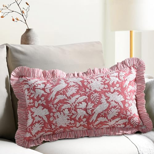 CPC COTTON PRINT CLUB CPC Hand Block Print Pink Coral Ruffle Sham Pillow Cover 20 x 12 inch Hidden Zipper Decorative Pillowcase for Couch Bed Sofa Farmhouse Cottagecore Decor Gift Spring Mothers Day - Image 1