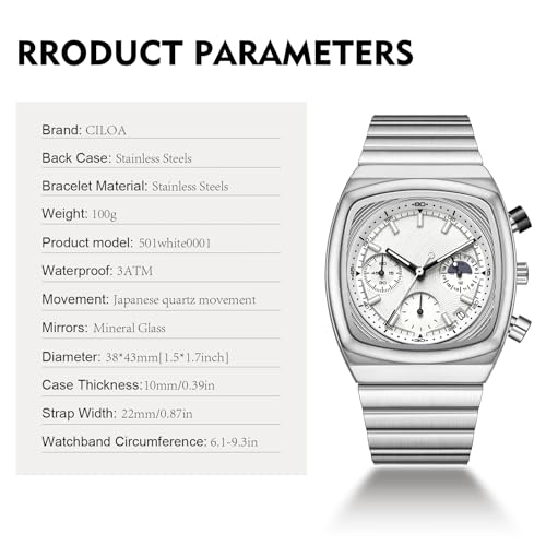 CILOA Mens Watches Chronograph Stainless Steel Waterproof Date Analog Business Fashion Wristwatch for Men（White） - Image 4
