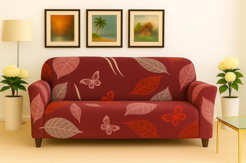Homerz Premium Universal Elastic fit Sofa Cover Fully Covered, Non-Slip Sticky Elastic Stretchable Sofa Set Slipcover Protector (Maroon Leaf, 7 (3+2+2) Seater) - Image 4