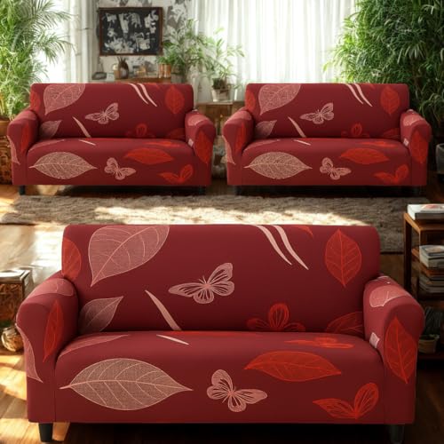 Homerz Premium Universal Elastic fit Sofa Cover Fully Covered, Non-Slip Sticky Elastic Stretchable Sofa Set Slipcover Protector (Maroon Leaf, 7 (3+2+2) Seater) - Image 1