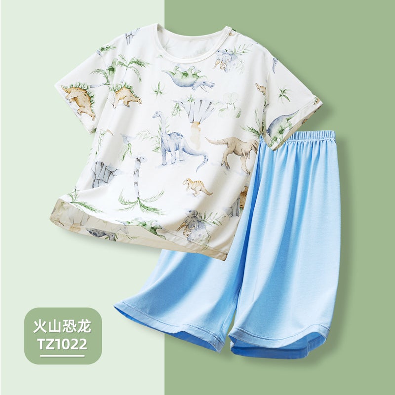 Childrens Pajamas Summer Thin Ice Silk Childrens Air-conditioning Clothing Boys Bamboo Fiber Antibacterial Class A Baby Home Clothing HZ1428/Volcano Dinosaur TZ1022 