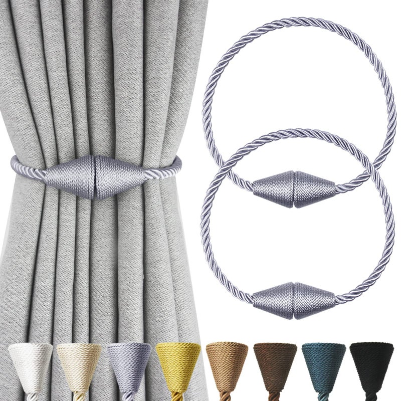 Nieffeiy 2 Pack Magnetic Curtain Tiebacks Rope Modern Handmade Curtain Tie Backs Decorative Drapes Weave Holdbacks for Window Dcor Grey