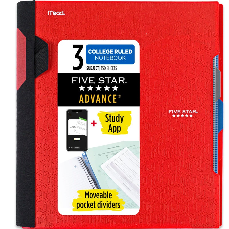 Five Star Advance Spiral Notebook + Study App, 3 Subject, College Ruled Paper, 8-1/2" x 11", 150 Sheets, Spiral Guard, Movable Tabbed Dividers, Fire Red (73134) - Image 1