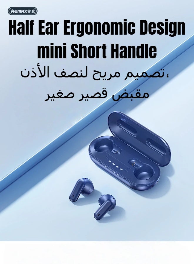 ريماكس سماعات أذن لاسلكية حقيقية SH01، سماعات ستيريو للموسيقى والمكالمات، بلوتوث 5.4، مريحة للارتداء، عمر بطارية طويل، منفذ شحن سريع من النوع C، صغيرة الحجم وسهلة الحمل. تتضمن حبل تعليق (أزرق). - Image 4