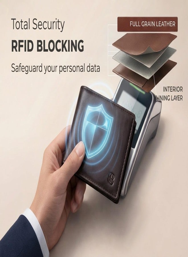 سيرمان براندز محفظة جلدية فاخرة للرجال | حماية من تقنية RFID | محفظة ثنائية الطي بسعة إضافية مع نوافذ لعرض الهوية | خياطة متينة للغاية | محفظة نحيفة بـ 13 فتحة للبطاقات | هدية مثالية له (لون تكساس براون فينشر) - Image 5