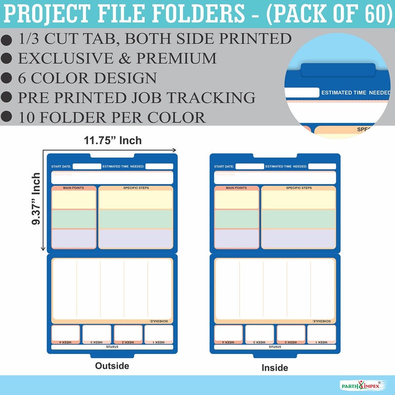 PARTH IMPEX 60 Pack Project File Folders, 1/3 Cut Tab with Assorted Positions, Letter Size Paper Holders (9.37â€ x 11.75â€) Preprinted Job Tracking Manila Colored File Jackets - Thin Paper Folders - Image 2