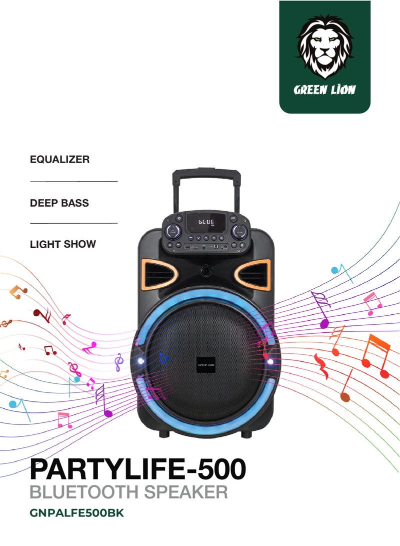 GREEN LION PartyLife 500 Bluetooth Speaker – 50W RMS Power, 4400mAh Battery, Deep Bass, 50Hz-20kHz Frequency, Wireless Mic, Remote Control, Bluetooth 5.0, and Light Show for Immersive Party Experiences - Black  - Image 1