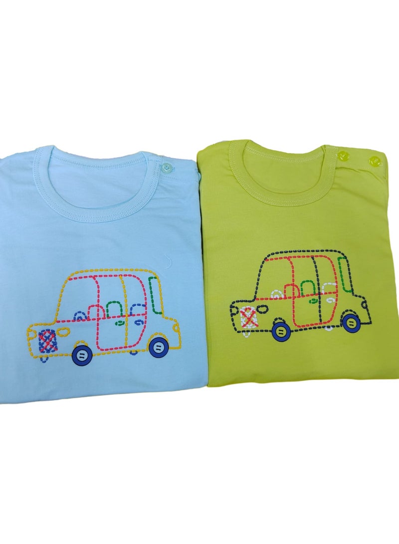 AIWANTO 2 Set Baby Boy Car Embroidered Design Cotton Pajama Set Long Sleeves & Pants Set Yellow & Blue (8-15months) - Image 1