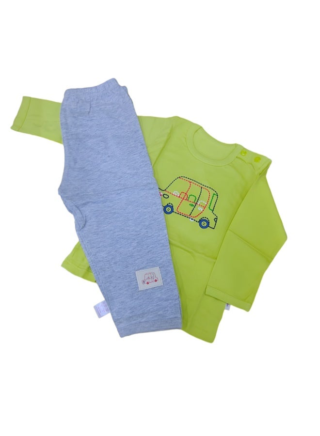 AIWANTO 2 Set Baby Boy Car Embroidered Design Cotton Pajama Set Long Sleeves & Pants Set Yellow & Blue (8-15months) - Image 2