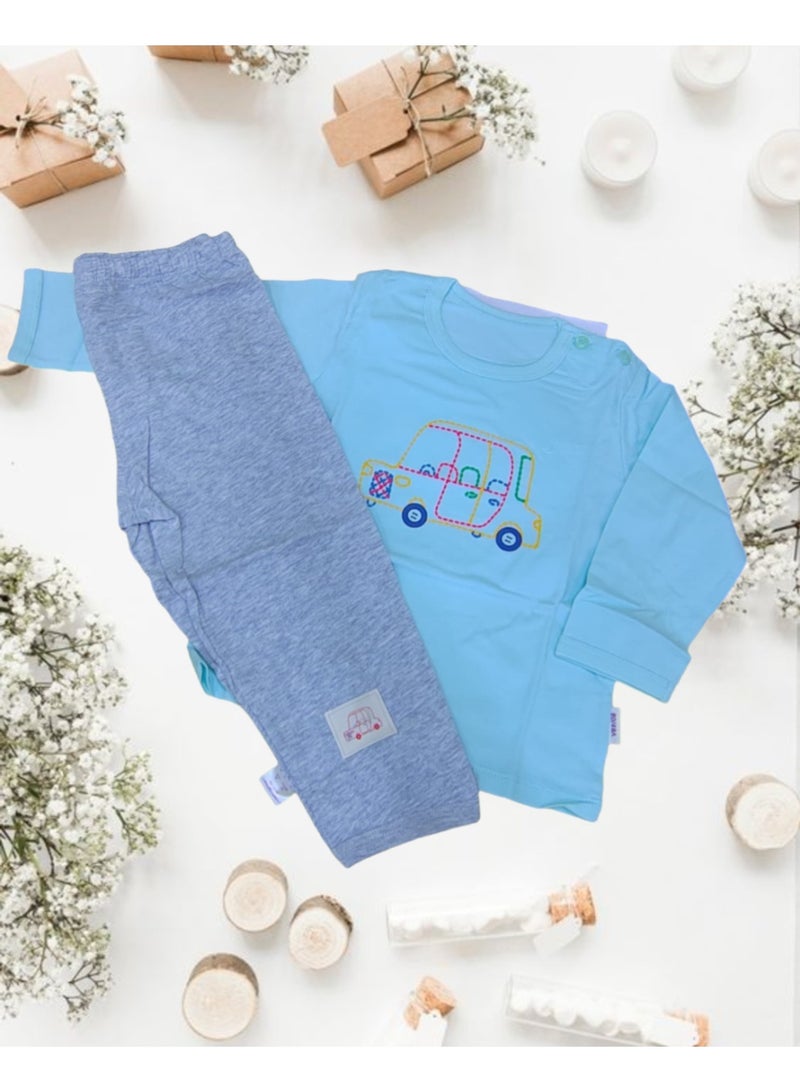 AIWANTO 2 Set Baby Boy Car Embroidered Design Cotton Pajama Set Long Sleeves & Pants Set Yellow & Blue (8-15months) - Image 3