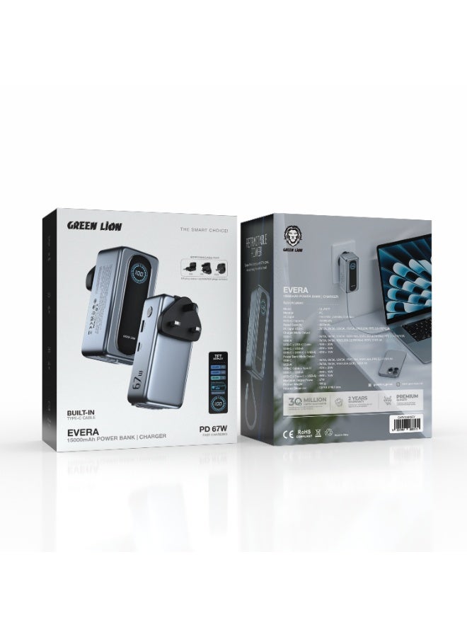 جرين ليون شاحن محمول إيفيرا بسعة 15000 مللي أمبير/ساعة وقوة 67 واط بتقنية الشحن السريع PD، مزود بشاشة TFT، وشاحن كمبيوتر محمول بمقبس قابل للتبديل (المملكة المتحدة، الاتحاد الأوروبي، أستراليا)/ معتمد للاستخدام على متن الطائرات/ منافذ USB-C وUSB-A/ شحن متعدد الأجهزة - رمادي - Image 3