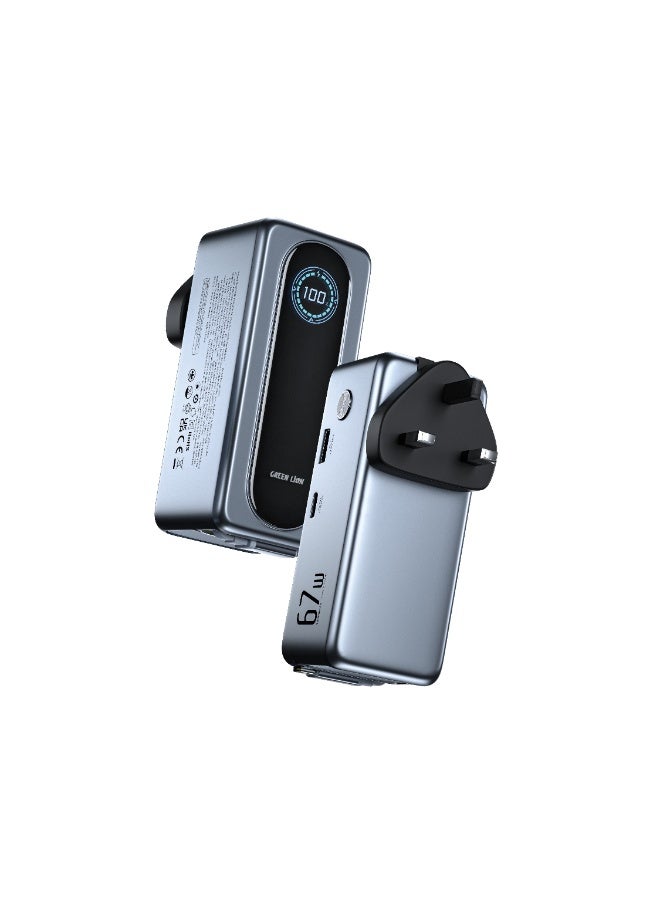 جرين ليون شاحن محمول إيفيرا بسعة 15000 مللي أمبير/ساعة وقوة 67 واط بتقنية الشحن السريع PD، مزود بشاشة TFT، وشاحن كمبيوتر محمول بمقبس قابل للتبديل (المملكة المتحدة، الاتحاد الأوروبي، أستراليا)/ معتمد للاستخدام على متن الطائرات/ منافذ USB-C وUSB-A/ شحن متعدد الأجهزة - رمادي - Image 1