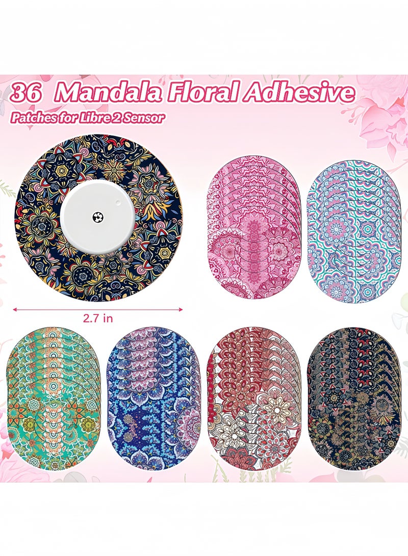 Peachjoy 36 عبوة لاصقة لرقعة Libre 2، مع رقع زهور ماندالا، أغطية CGM مقاومة للماء، أغطية مراقبة سكر الدم الملونة المقاومة للعرق بشريط خلفي مقسم - Image 2