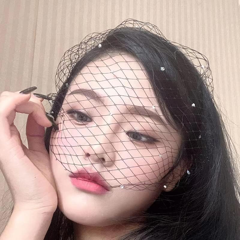 Kefley Black Birdcage Veil Headband with Rhinestones Fascinators for Women Tea Party Costume Bridal Lace Birdcage Headbands Veil Mesh Headdress Vintage 20s Hair Accessories for Women Girls - Image 2