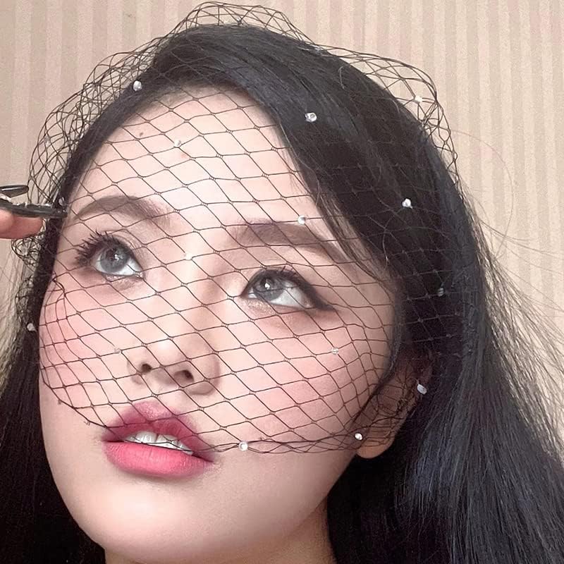 Kefley Black Birdcage Veil Headband with Rhinestones Fascinators for Women Tea Party Costume Bridal Lace Birdcage Headbands Veil Mesh Headdress Vintage 20s Hair Accessories for Women Girls - Image 3