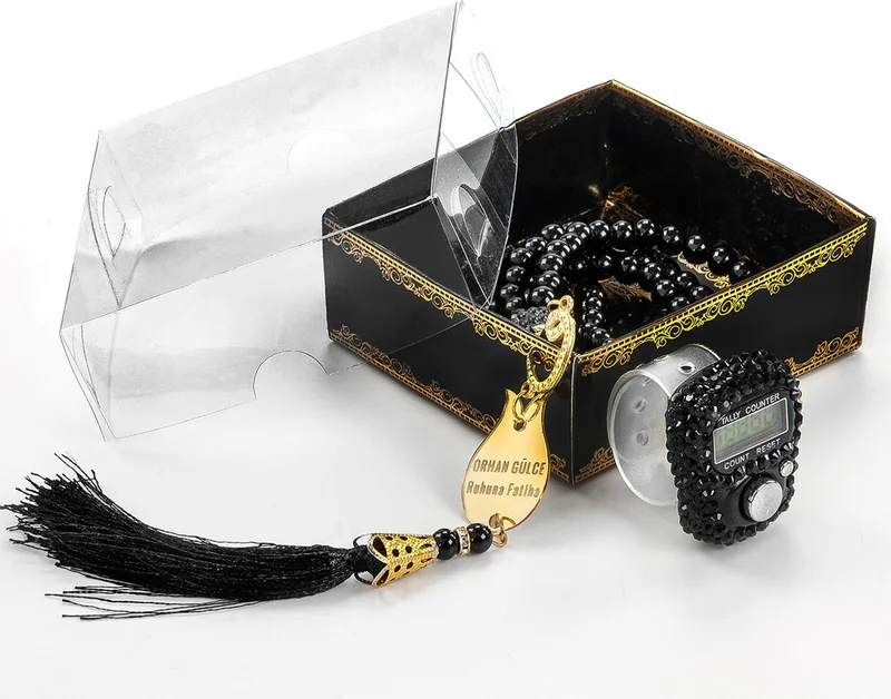 ايهفان اونلاين Personalized Plexiglass Pearl Prayer Beads and Zikirmatik Set Black Color
