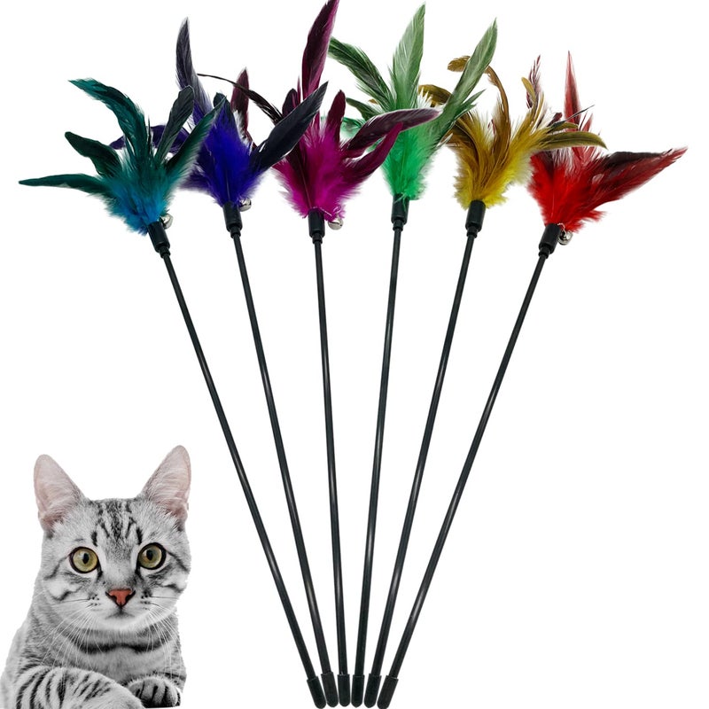 CATENESS Cat Wand Toy Feather Stick Cat Toys, 6 Pieces Interactive Cat Toy Feathers Wand for Indoor Cats (A) - Image 1