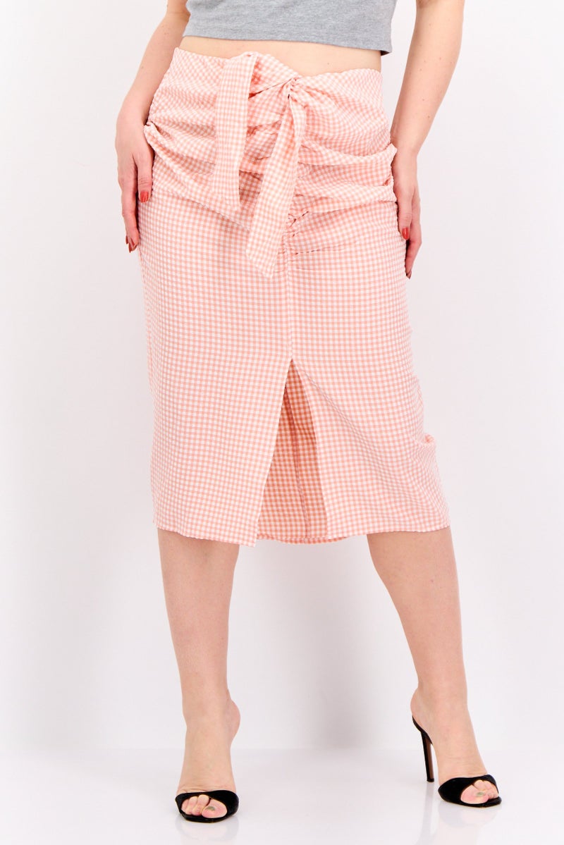 MANGO Women Checkered Midi Skirt, Light Pink  - Image 1