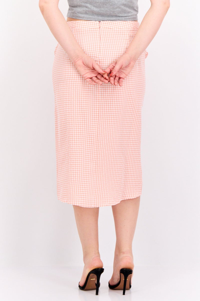 MANGO Women Checkered Midi Skirt, Light Pink  - Image 2
