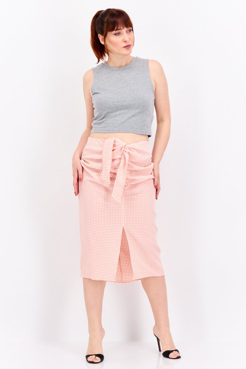 MANGO Women Checkered Midi Skirt, Light Pink - Image 4