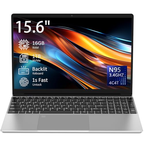 Auusda 15.6" Laptop Computer Notebook, 4-Core N95 Processor, FHD Display, Backlit Keyboard, Fingerprint, Webcam, Bluetooth, WiFi, Win 11 Pro, 10TB Upgradeable, T152A, 16GB RAM, 1TB NVMe SSD, Silver - Image 1