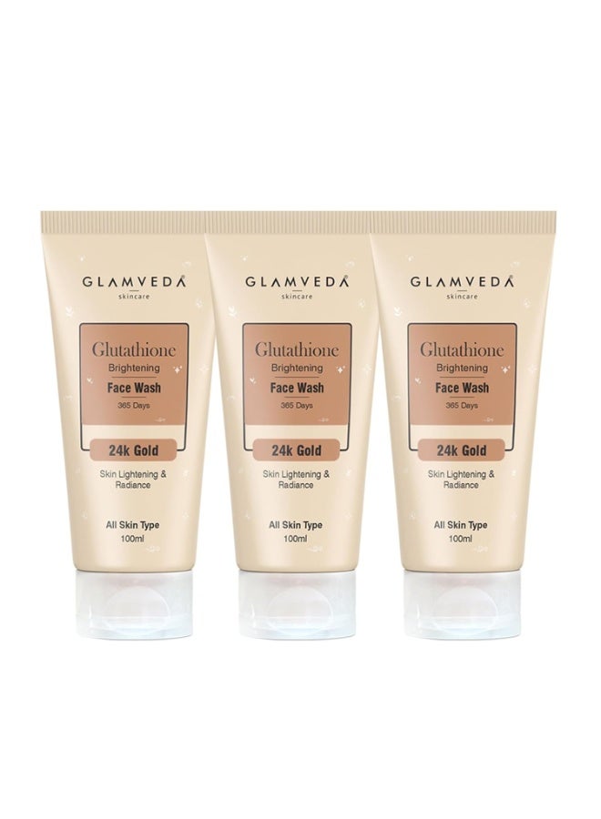 Glamveda Glutathione 24K Gold Face Wash (Pack of 3, 100ml) Skin Brightening & Lightening | Vitamin C Radiant Glowing Cleanser | Facewash for Men & Women | Deep Cleansing & Tan Removal | All Skin Types - Image 1