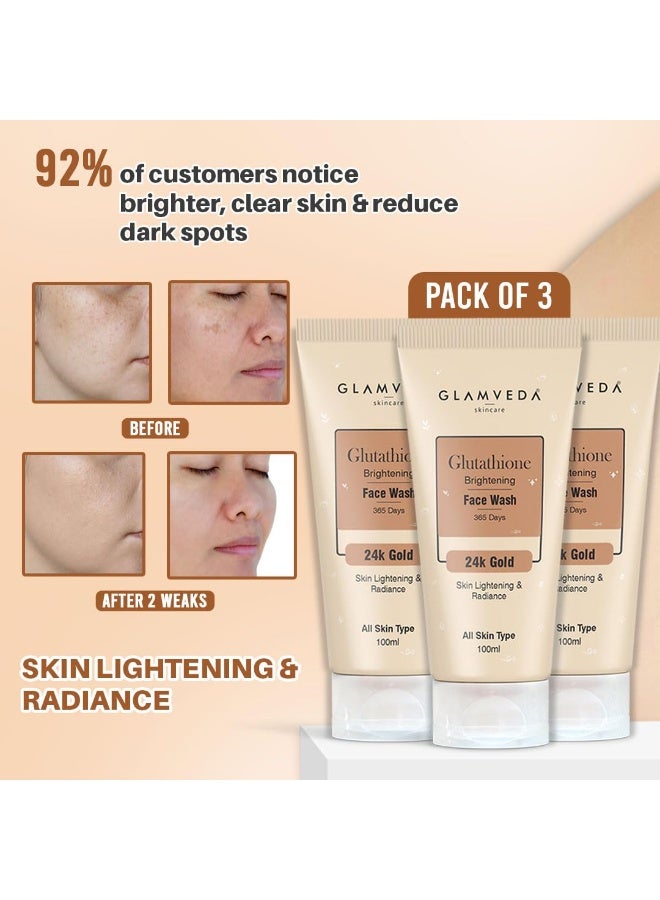 Glamveda Glutathione 24K Gold Face Wash (Pack of 3, 100ml) Skin Brightening & Lightening | Vitamin C Radiant Glowing Cleanser | Facewash for Men & Women | Deep Cleansing & Tan Removal | All Skin Types - Image 2