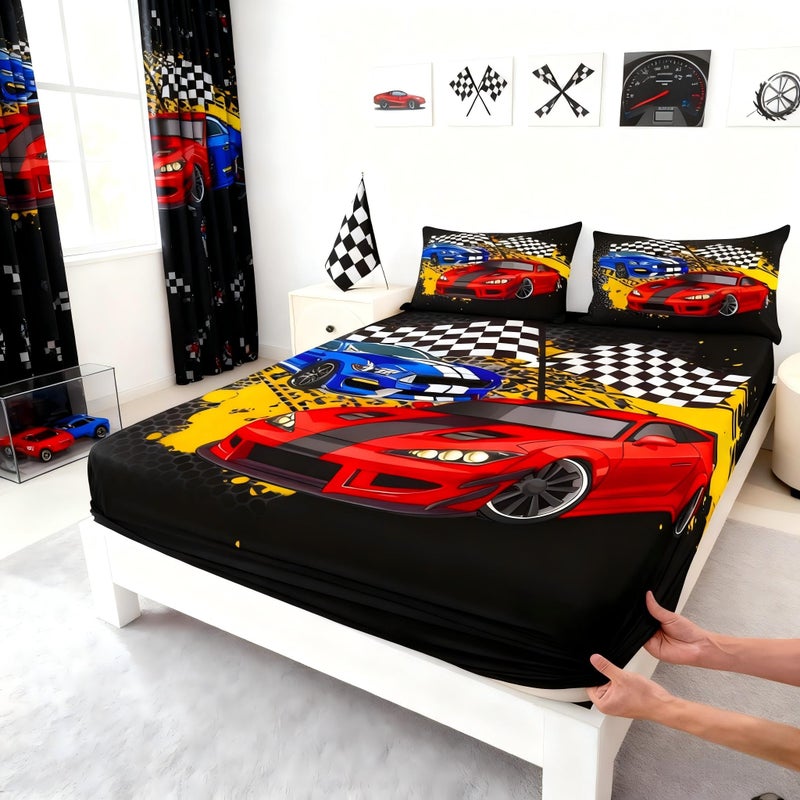 Racing Car Bed Sheet Set Cool Sports Cars Bedding Set Race Car Competition Fitted Sheet for Children Kids Boys Extreme Sports Theme Bed Cover Room Decor Twin SizeNo Flat Sheet No Flat Sheet