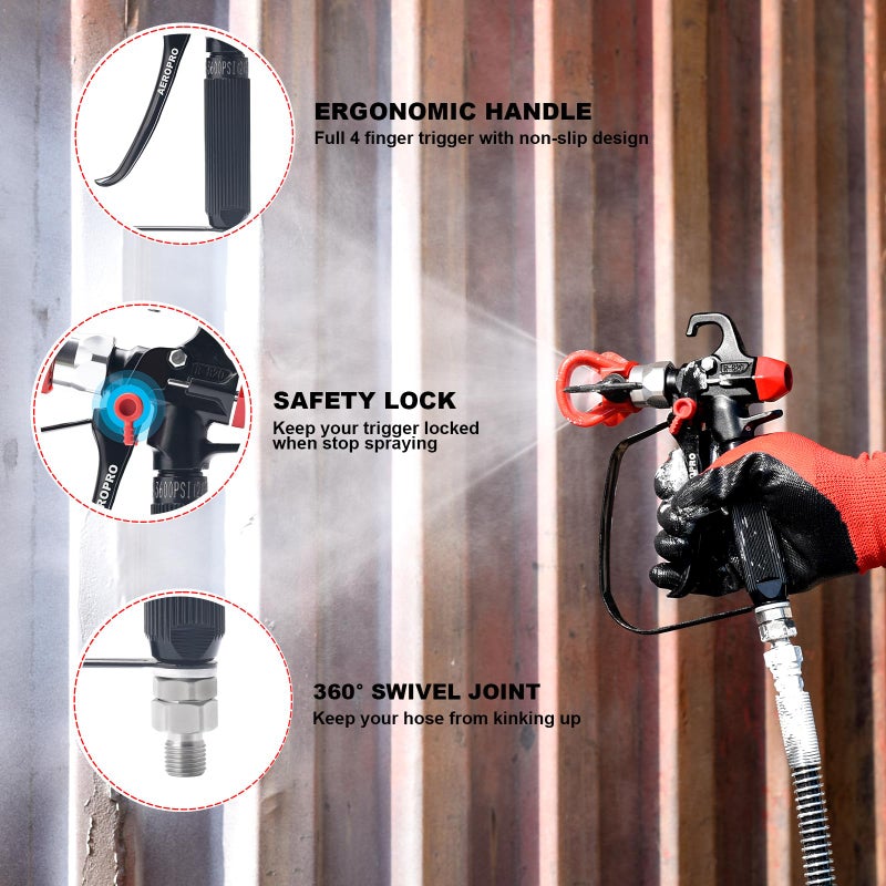 AEROPRO Tools Airless Paint Sprayer Gun with 5 Spray Tips & 10 Filters,3600PSI High Pressure Swivel Joint Airless Spray Gun kit for Home,Interior and Exterior Walls,Doors,Fences (Black) - Image 3