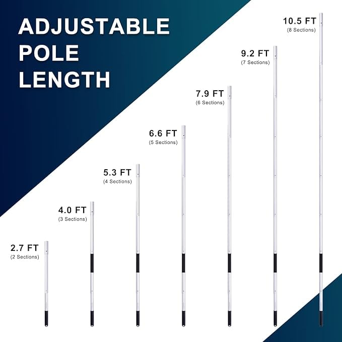 POOLAZA Pool Pole Dual-Handle, Anodized Aluminum Pool Skimmer Pole, Detachable & Telescopic Pool Pole Up to 10.5 Ft, Portble Pool Poles for Cleaning Suitable for Pool Skimmer, Vacuum Head, Brush Etc. - Image 3