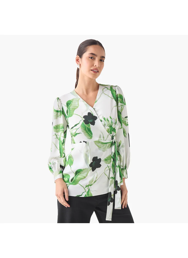 ايكونيك Iconic Print Wrap Top with Tie-Up Belt