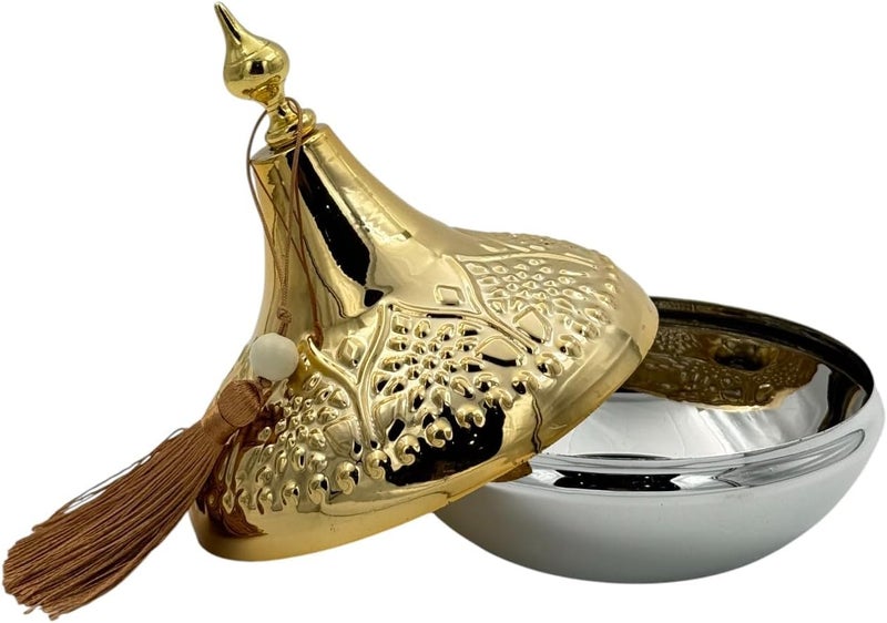 بي آند دي وعاء تقديم ديكوري ذهبي من B&D مع غطاء مزخرف على شكل قبة وتزيين بشراشيب بنية - Image 3