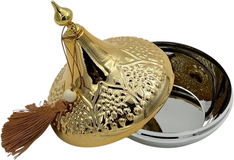 بي آند دي وعاء تقديم ديكوري ذهبي من B&D مع غطاء مزخرف على شكل قبة وتزيين بشراشيب بنية - Image 4